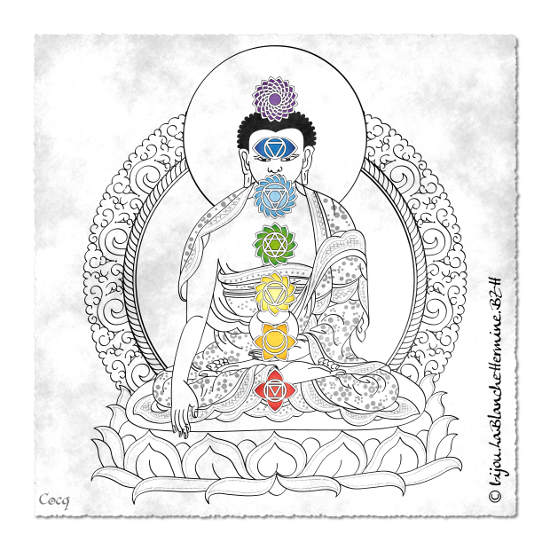 Buddha Shakyamuni and the 7 chakras with yantras