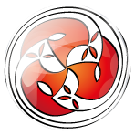 Cabochon de triple spirale celtique sur fond rouge d'après les Évangiles de Lindisfarne