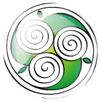 Cabochon de triple spirale celtique sur fond vert d'après les Évangiles de Lindisfarne
