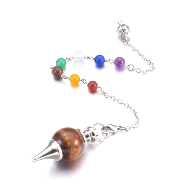Pendule en oeil de tigre avec perles des 7 chakras en fausse pierre
